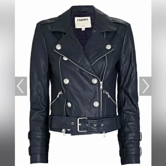 L'AGENCE Billie Belted Leather Jacket  /Coat Midnight Navy XS - Picture 2 of 14